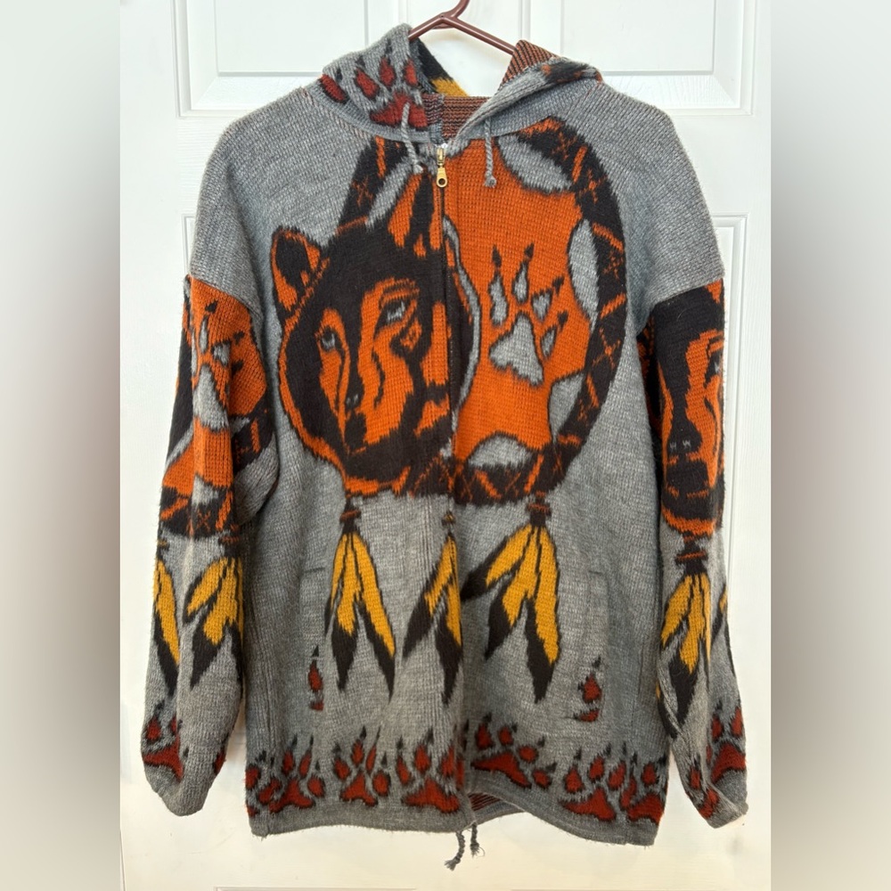 Yari Artesanias Mens L Wolf Dream Catcher Gray Full Zip Wool Hoodie Pockets Paws